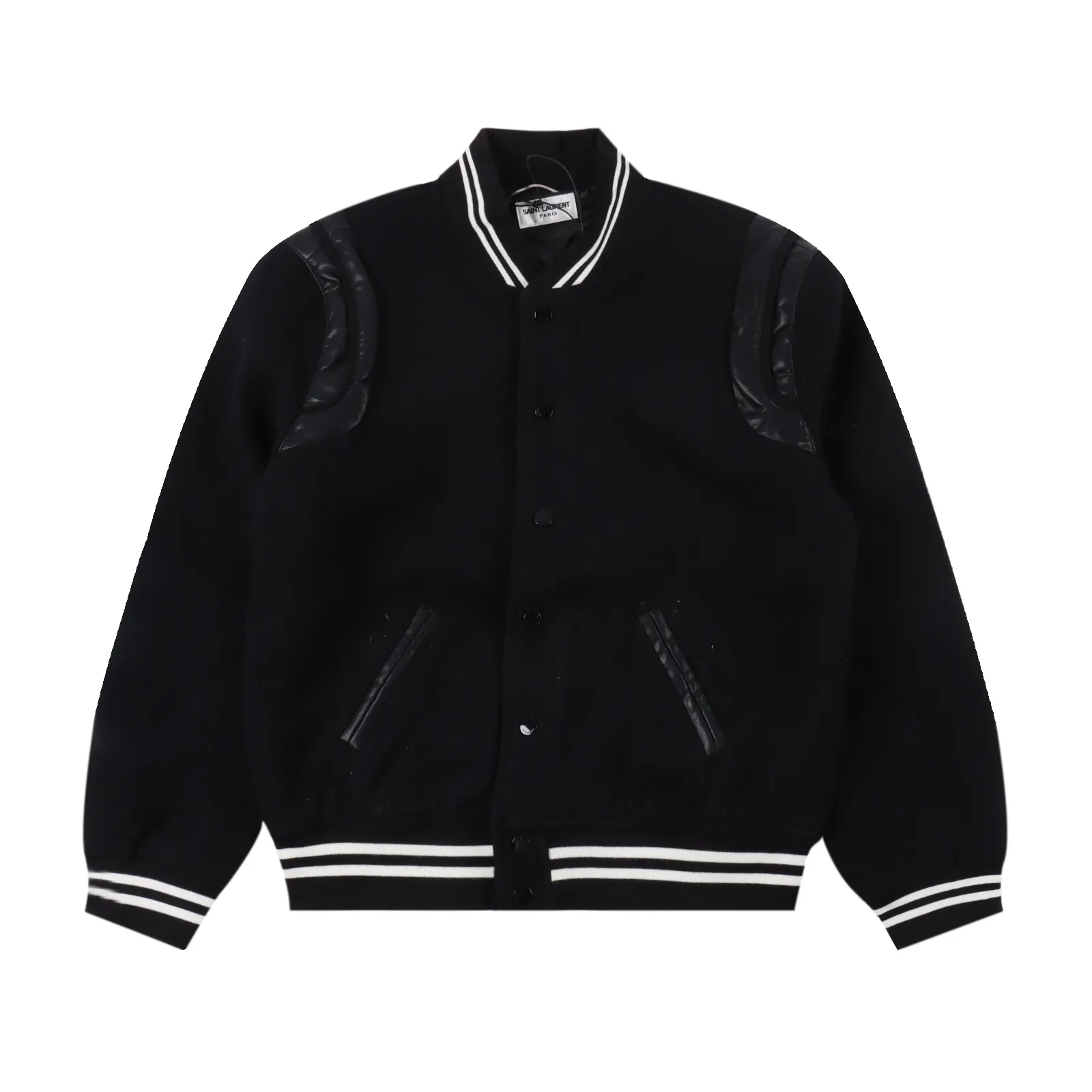 Saint Laurent Paris SLP 聖羅蘭 羊毛棒球服外套 採用百分之30羊毛百分之70全棉進口橫機螺紋,拼接處為進口小羊皮 激光切割損耗巨大(真皮辨別小方法 用指甲摳一下會馬上恢復紋路)定做長達半年之久的小香風羊毛面料 編制面料 內裡有6種紗線混紡製成 反反复復修改 做貨週期長達2個月旺季到了更久 含量90%羊毛9%聚酯纖維1%銅氨絲 全網獨家 尺碼:46 48 50 52 編碼:XLB091053