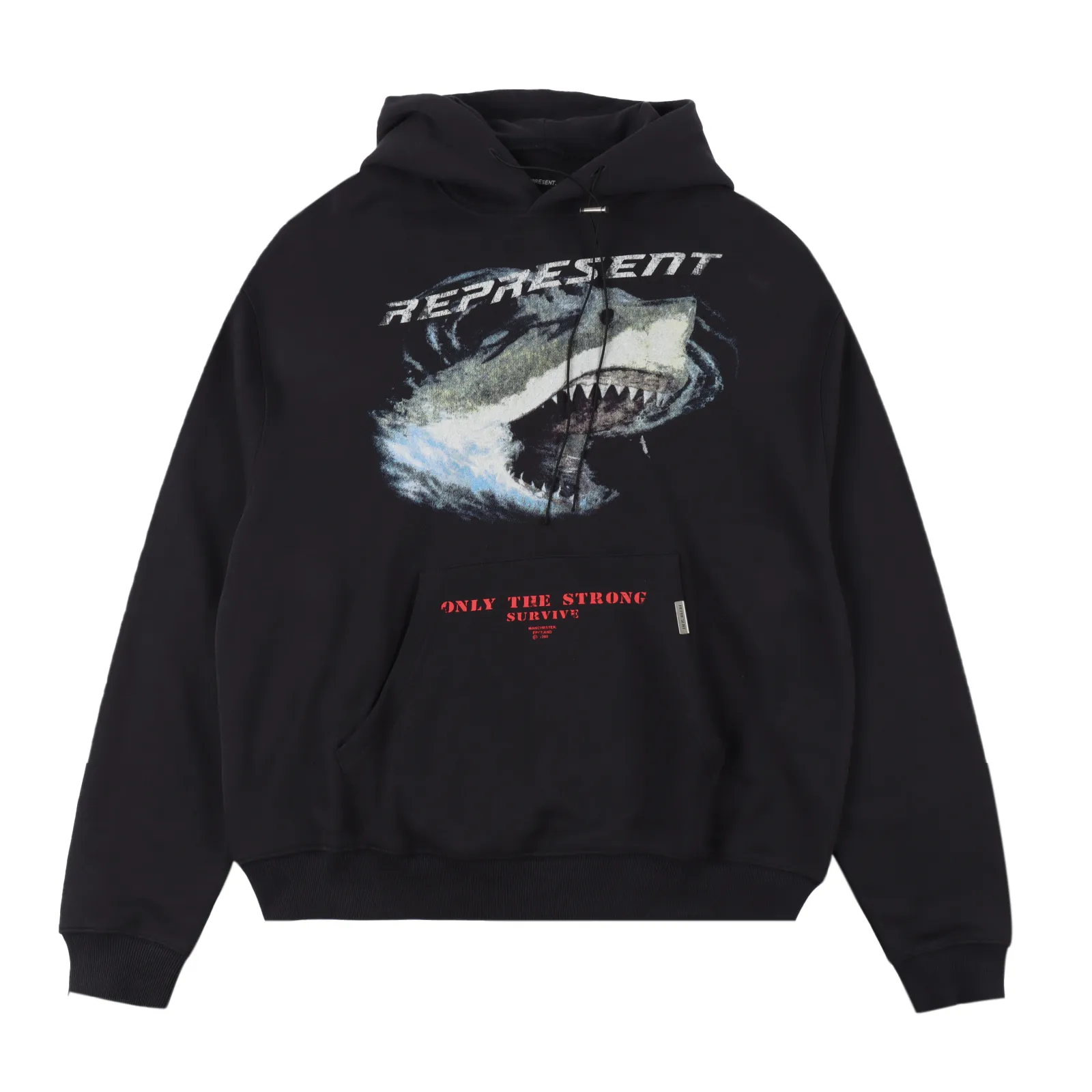 Represent 24FW 鯊魚連帽衛衣帽衫 細節滿滿的一款帽衫 採用32s全棉精梳長絨棉 水洗後克重在420g 表面蝕毛 成衣水洗 數碼直噴印花 水洗後有自然做舊效果 帽子袖口下擺局部做舊 並非整體做舊 下擺還有一個白銅卡扣 開模定做1w個 尺碼:S-XL 編碼;XLB091142