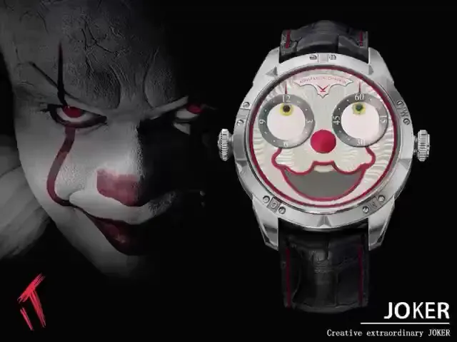 俄羅斯小丑V2版本，全面升級【"突破"鐘錶行業年度大作】AHCI獨立製表協會主席康斯坦丁·切金Konstantin Chaykin大師匠心之作【技術突破】錶盤表情神采不斷變化的小丑臉，轉動的眼睛，瘋狂的面容，和吐出的紅色舌頭，表情變化非常豐富，兩隻眼睛分別為分鐘和小時的指示，月相24小時顯示（笑臉），每天有2萬多種表情變化，幽默性質的獨特的設計元素【錶殼直徑42mmX11.8mm與原裝同步】採用瑞士進口(全自動機械)手錶自製機芯，功能百分百同步原裝自產機芯。