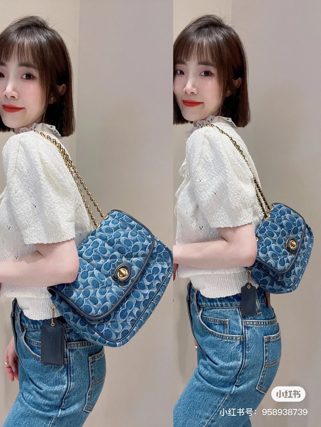 廠價 coach蔻馳代工廠出品渠道貨正品對版代購品質款號2257-104新款Dinky18香布雷雲朵單肩斜挎鏈條斜挎包手提包腋下包 包菱格翻蓋鈕扣女包枕頭小方包，尺寸：24*18*8 CA104博主上身圖💕💕