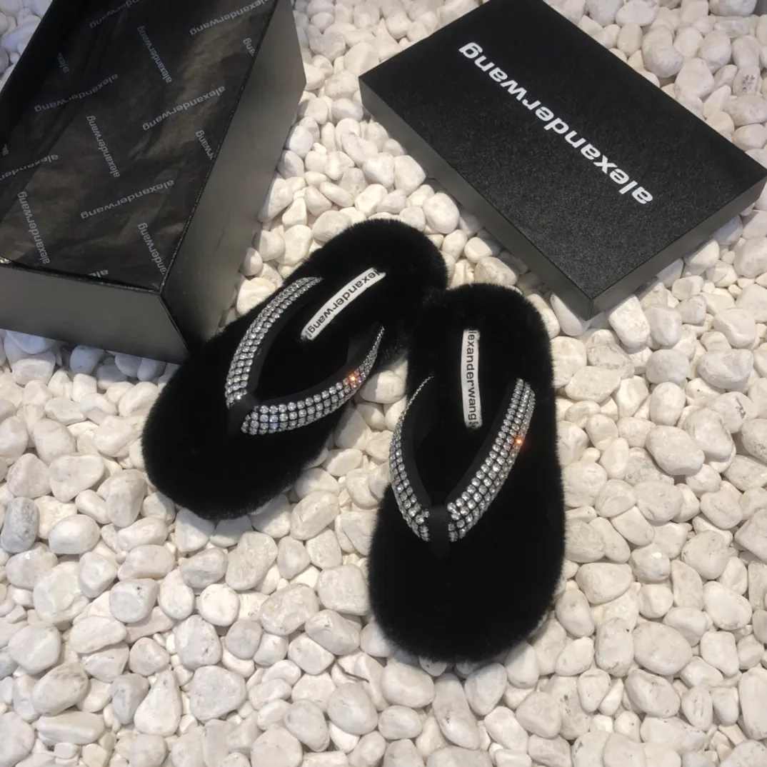 🏧 莞產Alexander wang AW亞歷山大.王 方頭平底.水鑽/毛毛居家拖鞋🆕原版大底%原盒包裝#size：35-36-37-38-39 -40#試穿正碼