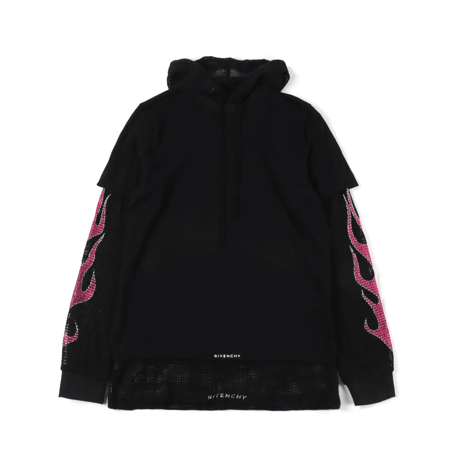 Givenchy紀梵希GVC 23FW 層疊火焰網袖拼接連帽衛衣                定制雙紗面料，配套1*1索羅娜螺紋 ，以及定染，全棉網紗，上身垂感十足，純手工彈力膠印，做工複雜 時效慢工藝，純手工拉漿膠印，做工複雜，時效慢，（網布位）每個網眼皆需純人工修建，定制主標，合身版型                Size：S-L                編碼：FNC102082