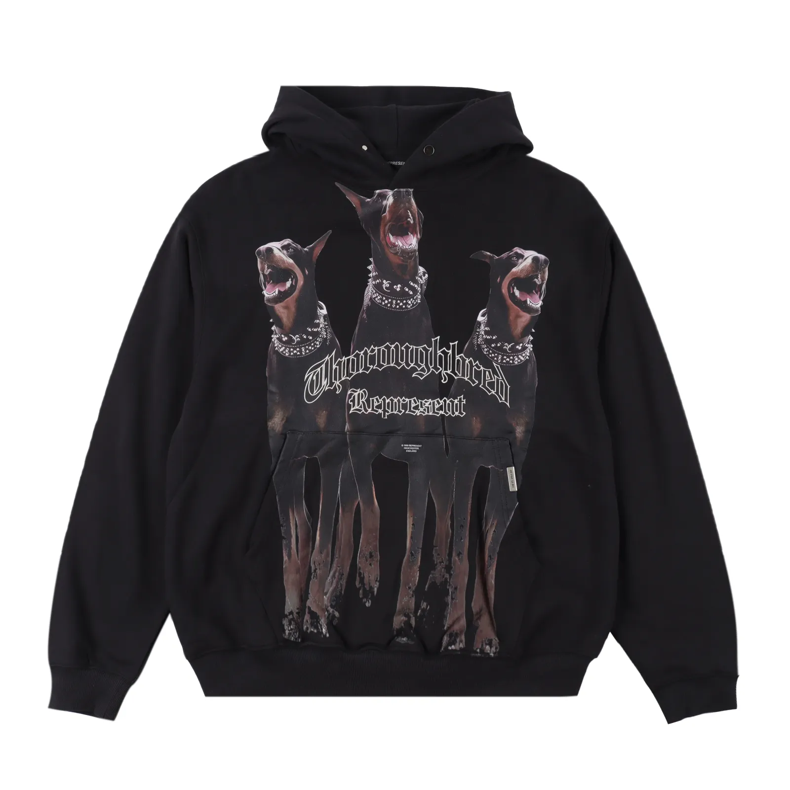 Represent 24FW 杜賓犬連帽衛衣帽衫 面料採用32s純棉雙紗精梳長絨棉衛衣毛圈布 水洗後克重為水洗後450g 全程定織定染 袖口螺文為2*2純棉無彈螺文緊密紡 與大身面料同缸定染0色差 印花為膠漿印花 前後均為一套色膠漿印花 表面再上一層防護漿料機洗也不會開裂 定制包裝輔料 尺碼:S-XL 編碼:XLB091142