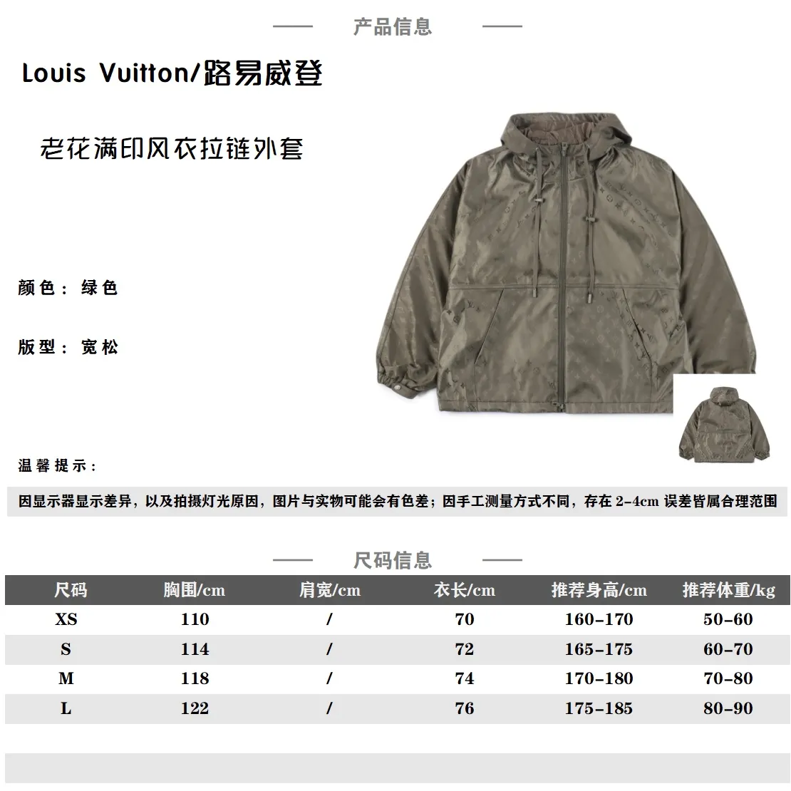Louis Vuitton/路易威登 老花滿印風衣拉鍊外套                原版購入，第一時間打版。