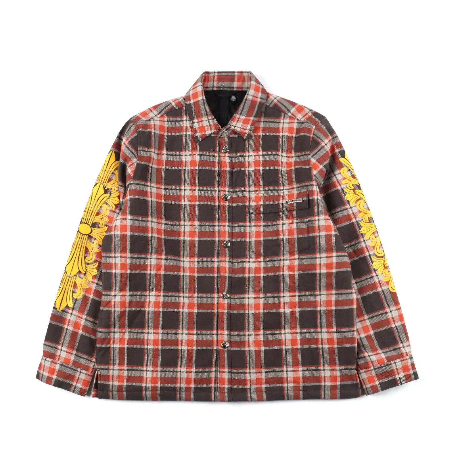 Chorme Hearts克羅心CH 23新款 手臂印花格子棉服橙黃 原版杭州國專21442購入,定染紗線採用11支雙股240克(水洗後260克)全棉材質,激光紅外定位,純手工剪裁,全方位對位,定織提花細斜紋棉里布,9×9菱形60克噴膠棉,里布絎棉,定制0.3寬真皮攀耳,手臂印花採用進口機膠印工藝(左右袖子花型不同)。