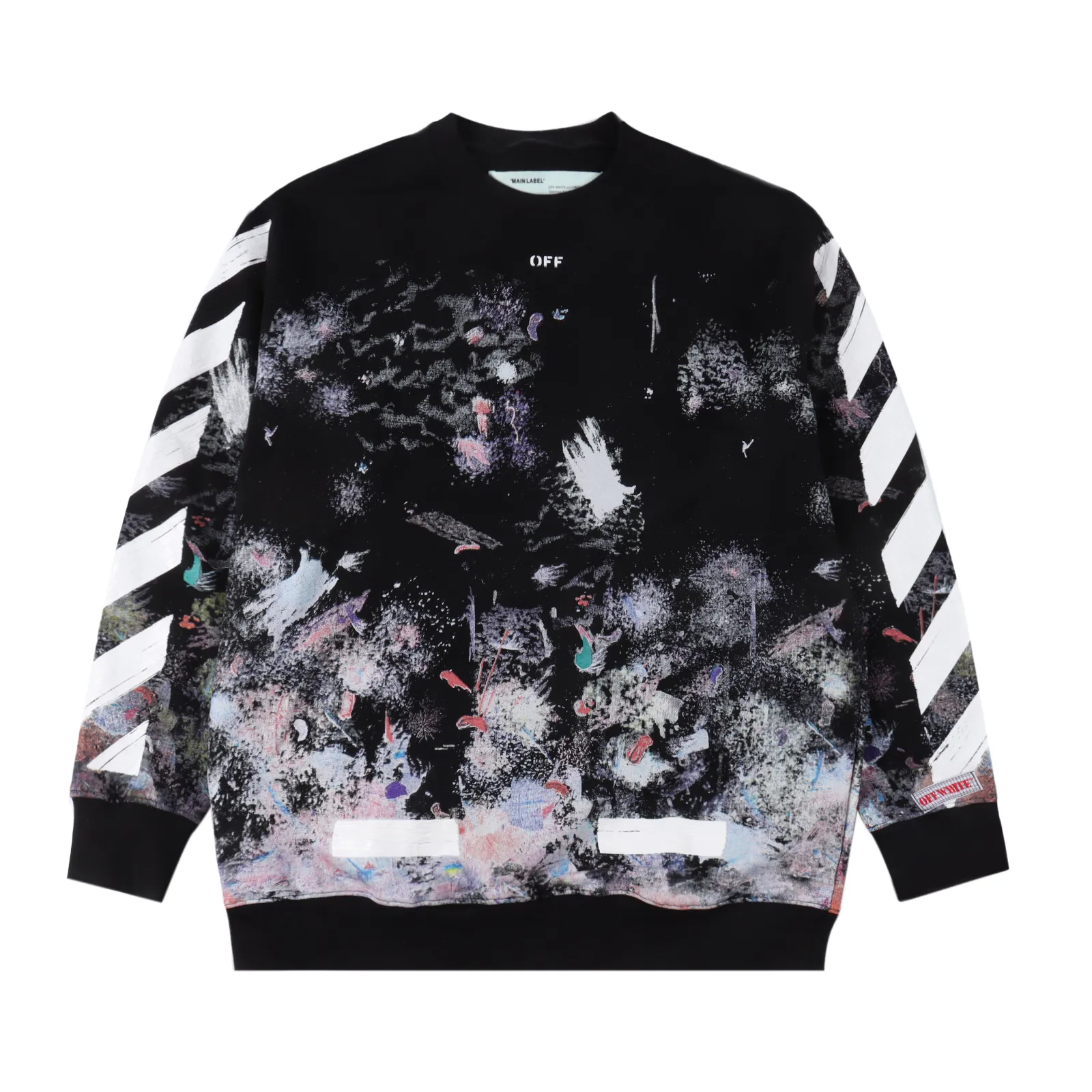 OFF WHITE CO VIRGIL 17ss 星空煙花潑墨箭頭圓領衛衣 定織定染420g毛圈全棉,棉質感強 ,成衣水洗預縮處理不掉色不縮水,一共8套網板,顏色都是套色撞出來的,膠印為熱固油墨,一對一數據對位,厚版凹凸手感,厚度上次調試13次,顏色上機調節12次定版,八個板分八次印一個顏色,加一個箭頭厚板印花,第一層印灰色,第二層印白色,第三層是黃色,第四層是綠色,第五層是藍色,第六層是紫色,第七層是橘色,最後一層是厚板,哪個步驟出錯都會全部作廢,全新水洗標輔料,後背的印花不知刷多少層了,冒著快印爛衣服的風險雕琢出這麼一款,不是訂製的面料真hold不住這麼折騰的,星空煙花效果錯落有致+ 層次感強,後背漆印大標誌,正宗刷子刷出的效果,凹凸感強用料一點不含糊,定制吊牌輔料,全部到位 Size:XS-L 編碼:CAL092662